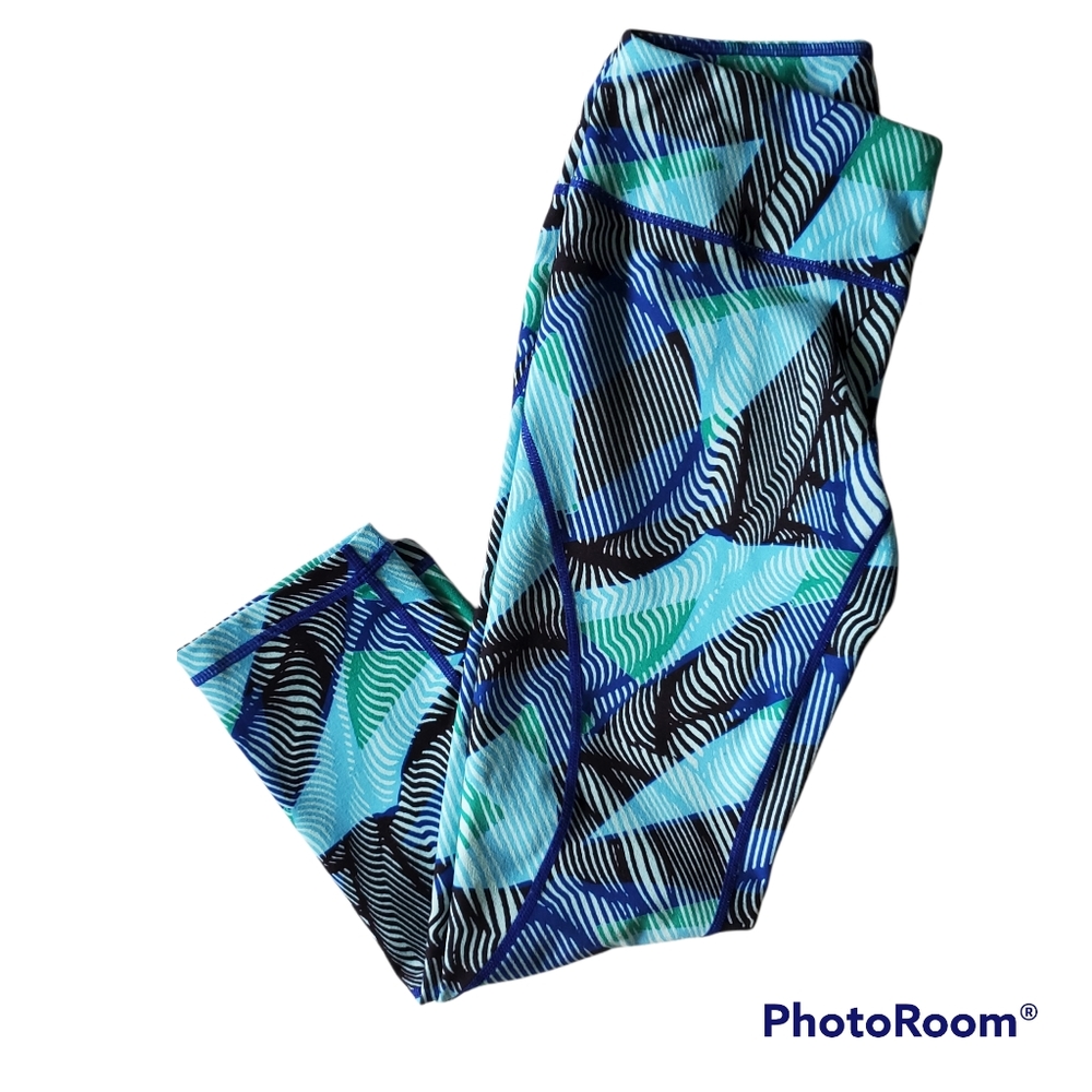 Zella Blue Green Leaf Stripe Pattern Cropped Workout Athletic Leggings Size XS